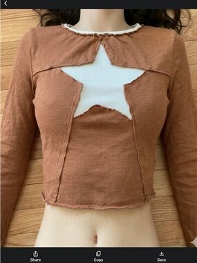 SHEIN Rust Brown Star Cutout Long Sleeve Crop Top White ribbed medium NWOT